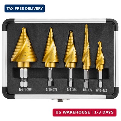 5PCS Step Drill Bit Set with Two Spiral Grooves, 50 Sizes (3/16'' to 1-3/8'') HSS