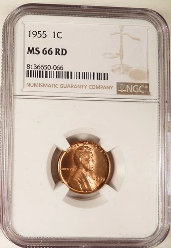 1955-P Lincoln Head Cent NGC graded MS66 RD, Bright & Lustrous (066).