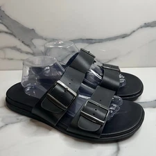 Vionic Women's Black Leather Charlie Slides Sandals Sz 12 Comfort Buckle