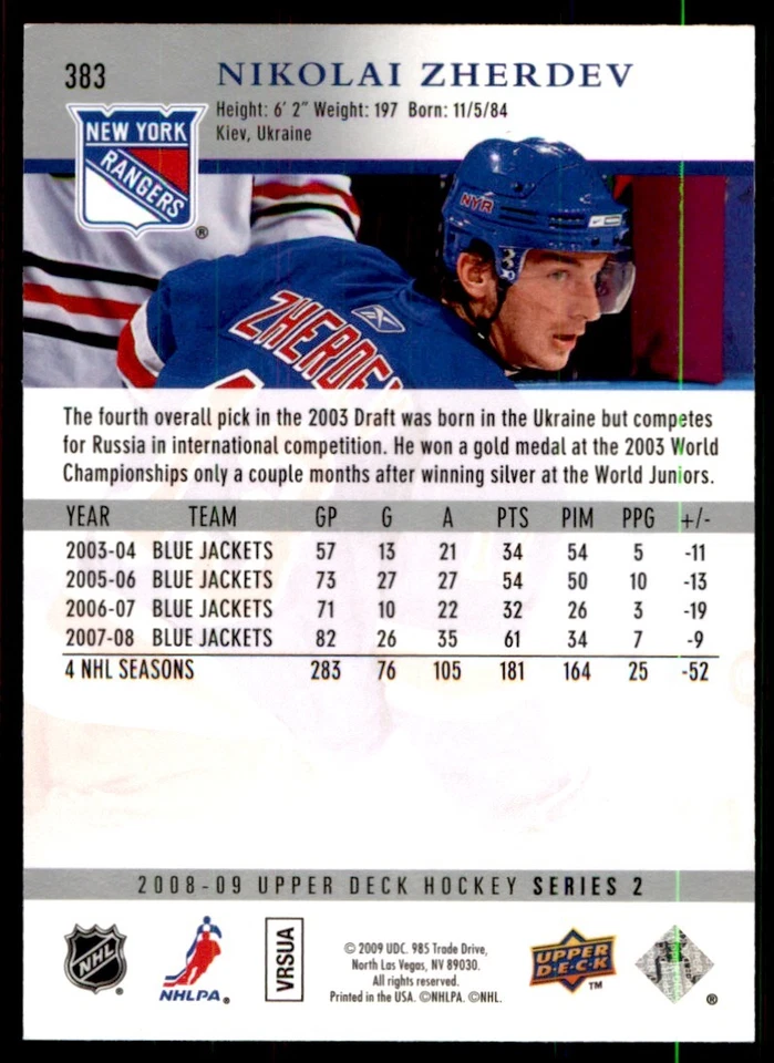 2008-09 Upper Deck Nikolai Zherdev New York Rangers #383 - Image 2 of 2