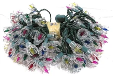 Vintage String of 100 Tulip Christmas Lights Clear Reflectors Multi Color Bulbs