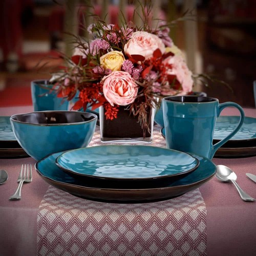 Elama Sea Glass 16-Piece Modern Turquoise Stoneware Dinnerware Set (Service for - Picture 9 of 9