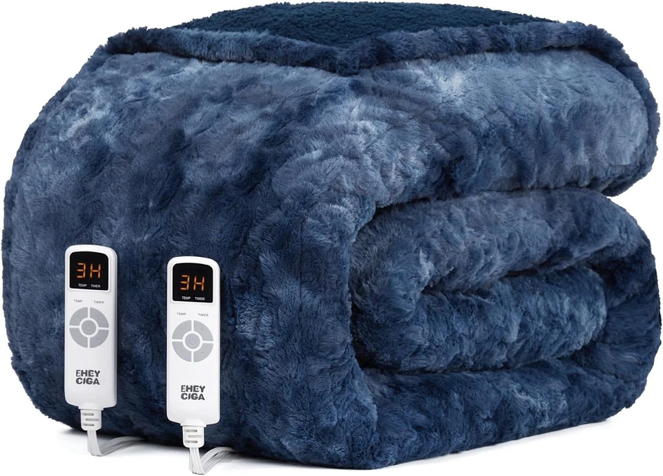 Cozy Navy Blue Heated Throw Blanket, Dual Control, King Size - Image 3 of 4