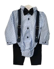 Baby Boys 4pc Set Dress Shirt Bodysuit/Pants/Suspenders / Bowtie 9-12 Months