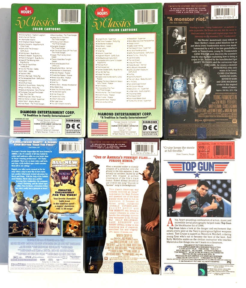 Sealed VHS Lot of 6 Shrek Top Gun MASH Young Frankenstein 50 Classics Vol 1 2 - Image 2 of 2