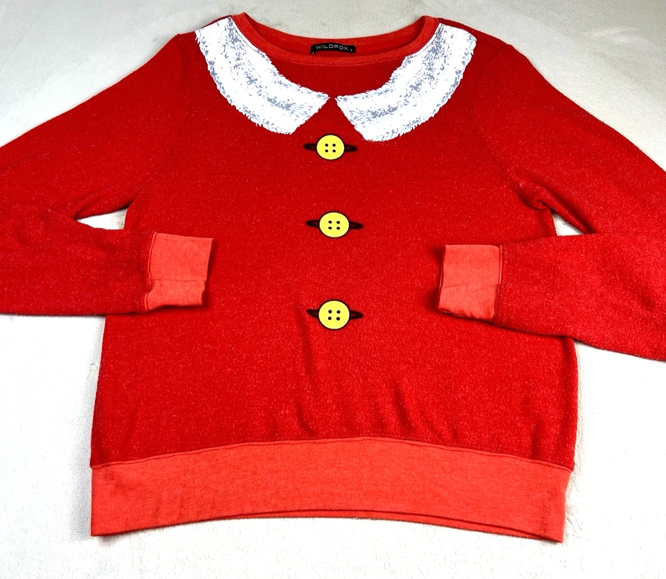 Wildfox Women’s S Red Christmas Sweatshirt Faux Button Collar Holiday Graphic US - Image 2 of 4