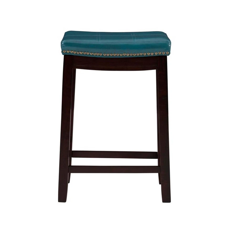Linon Claridge Backless Counter Stool Blue Faux Leather Wood Frame in Dark Brown - Image 3 of 4