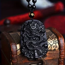 Obsidian Dragon Charm Pendant Necklace Beads Cord Handmade Carved Gemstone