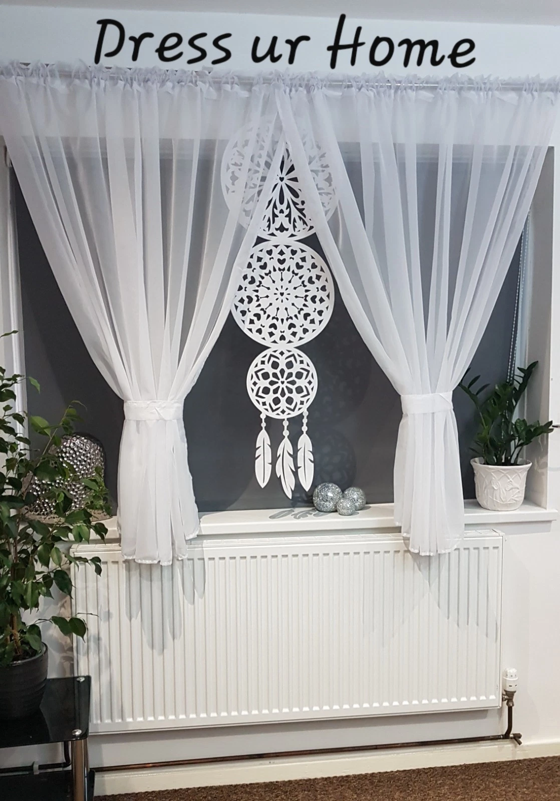 White Voile net curtain with felt Dreamcatcher Bedroom Pencil Pleat 157''x59''