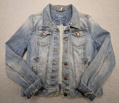 Loft Jacket Womens Medium Blue Jean Denim Trucker Distressed Copper Buttons - Picture 4 of 9