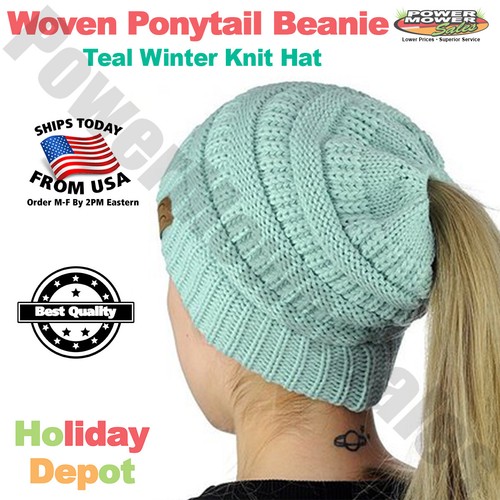 Cable Knit Teal Soft Stretch Beanie Winter Hat with Ponytail Hole for Women - Picture 2 of 3
