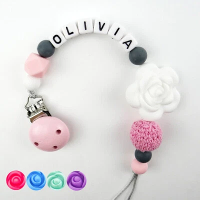 HANDGEFERTIGT Schnullerkette mit Namen DIY Silikon Rose Blume Baby Geburt Nuckelkette Geschenk