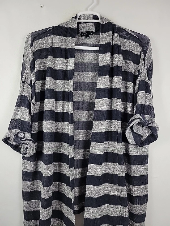 ONE A Navy Blue Gray Striped Roll Tab Sleeve Knit Cardigan Women's Plus 2X - Image 2 of 4