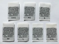 1000 PCS WHITE WOVEN CLOTHING CARE LABELS - 55% COTTON 45% POLYESTER (XXS - XXL)