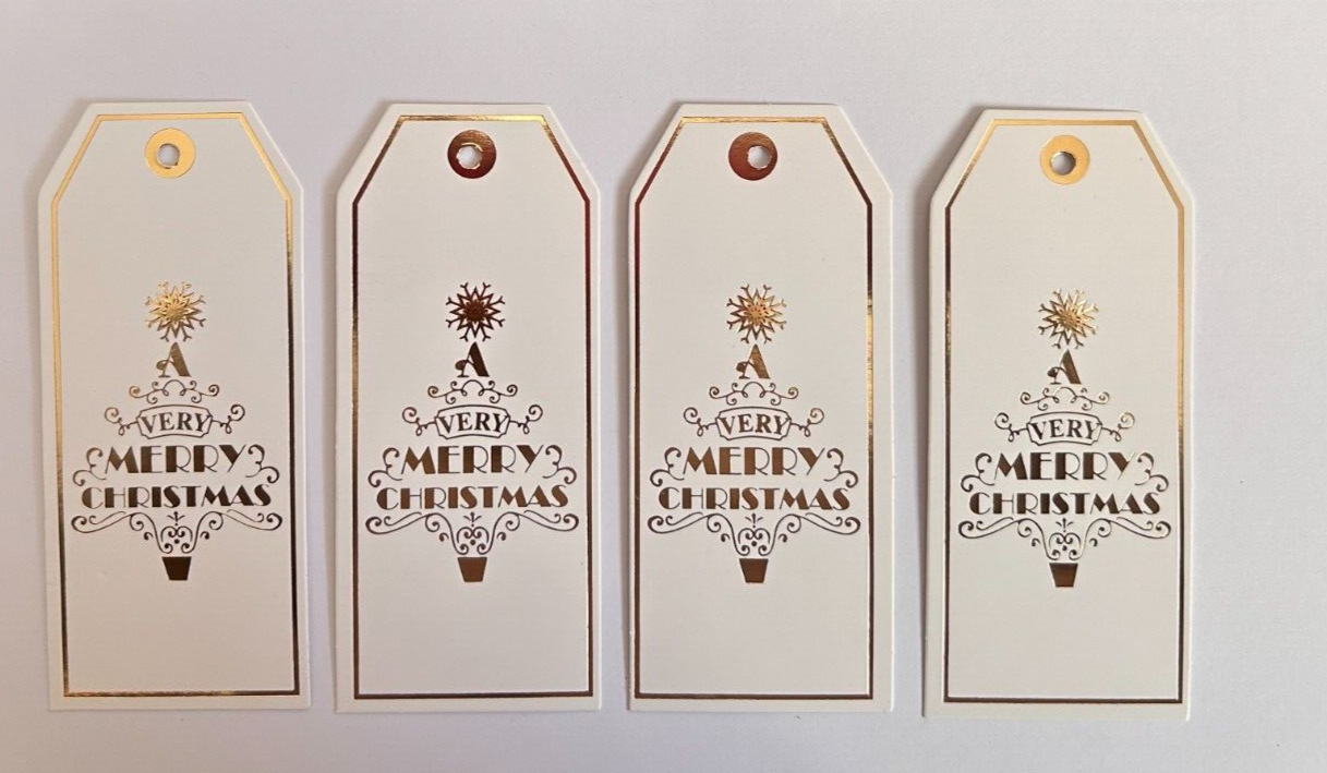 8 Foiled Christmas Gift Tags Present, Merry Christmas White & Gold