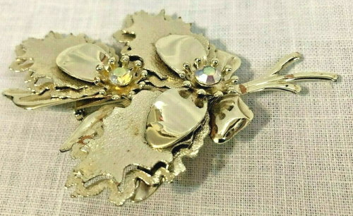 Vintage Metal Gold Tone Leaf Brooch With 2 Rhinestones 3 1/2" - Picture 3 of 4