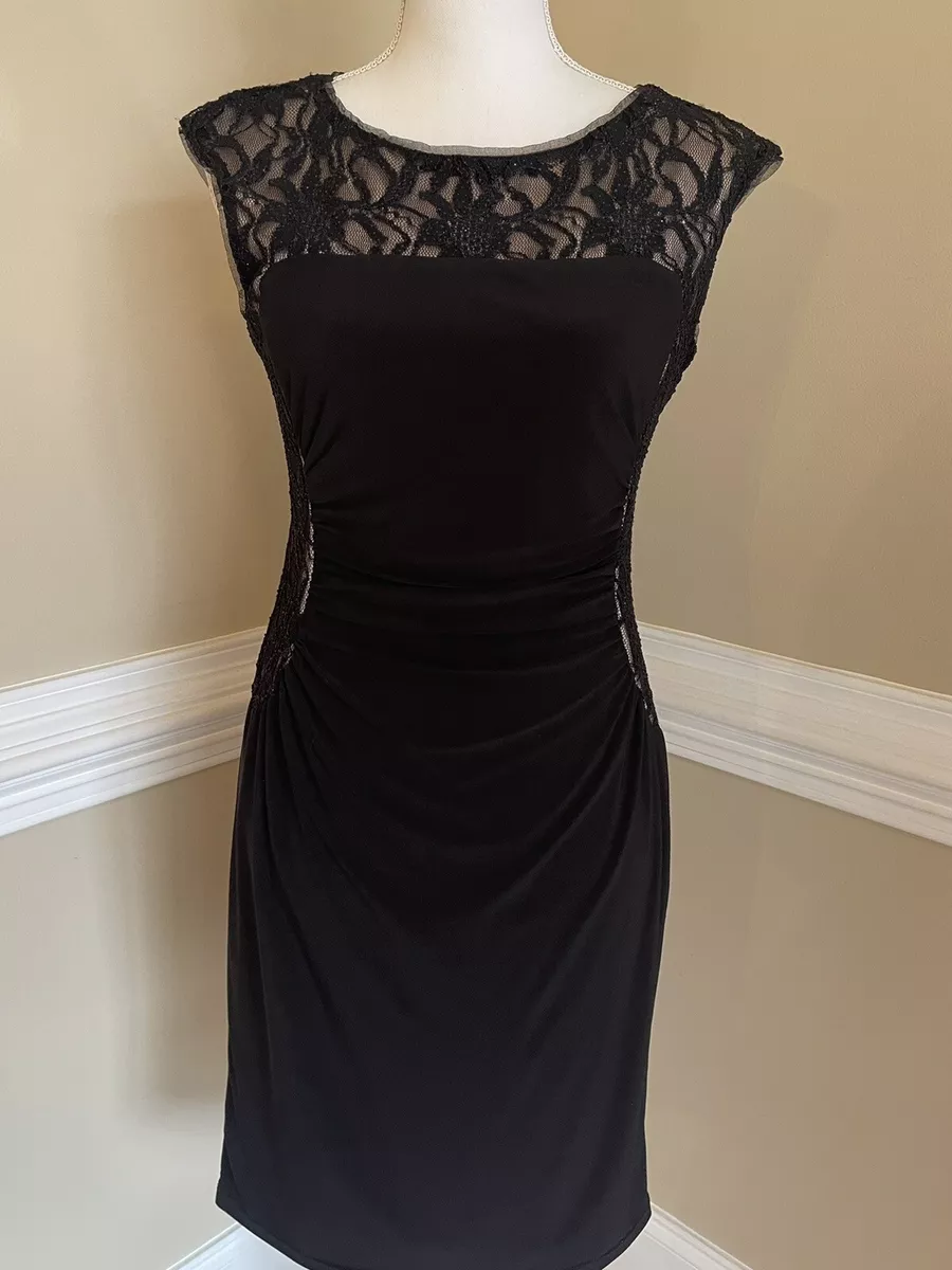 R M Richards Black Sheath Dress Lace Bodice Side Panels Womens 6 Cap Sleeves