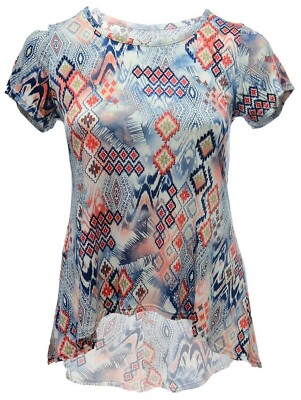 Blau Weiß Rot Mix Print Rücken getauchter Saum T-Shirt Kurzarm Oberteil Damen