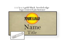 1 GOLD BLACK NAME BADGE COLOR LOGO CENTERED 2 LINES OF IMPRINT PIN FASTENER