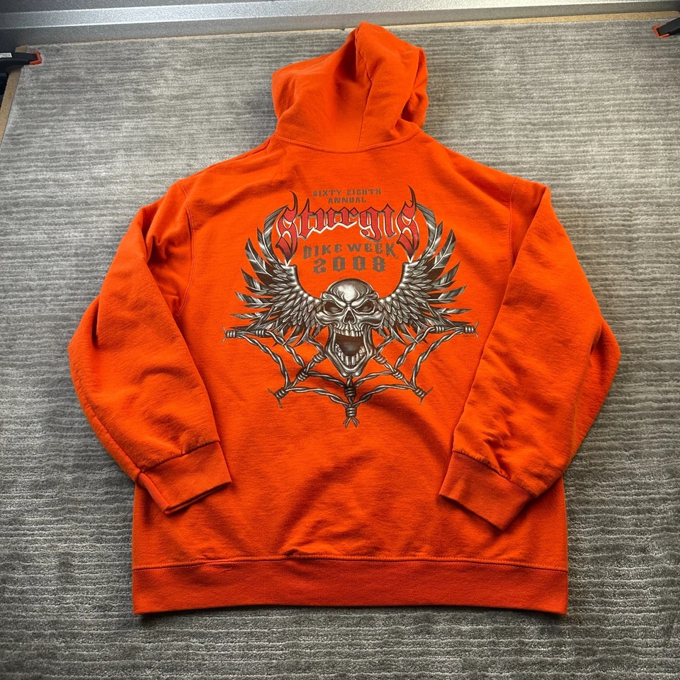 VINTAGE Sturgis Hoodie Mens Large Orange Biker Y2K Grunge Sweatshirt - Image 3 of 4