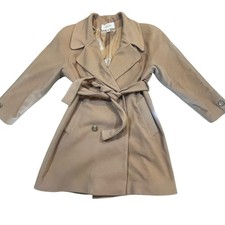 Vintage Talbots Women Camel Wool Blend Wrap Coat Belted Double Breasted Size 12