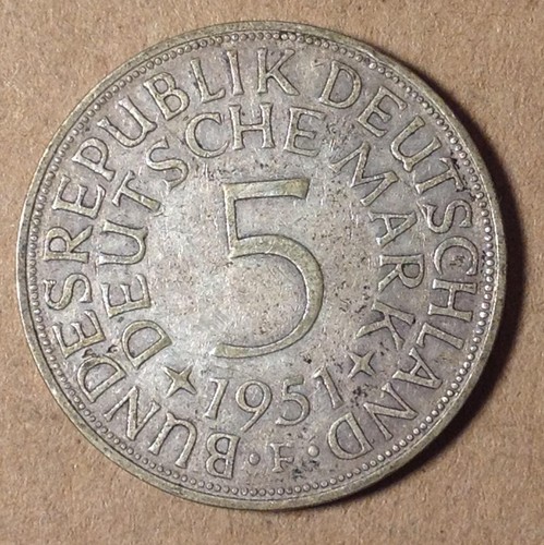 Raw .625 Silver World Coin VF+ German West Germany 1951-F Five 5 Deutschmark DM