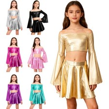 Kids Girls Outfit Jazz Suit Hip Hop Set Off-Shoulder Holiday Latin Streetwear