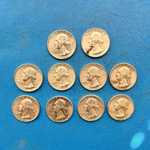 Lot of 10 Silver Washington Quarters 1964