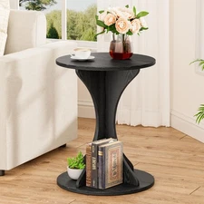 Round Side End Table - Wood Accent Coffee Table for Living Room, Modern Circl...