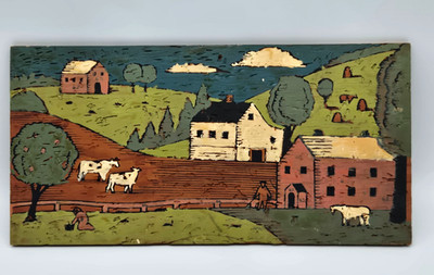 Vtg Primitive Folk Art Painting Wood Board Farm Hills Naive Paint by Number 12''