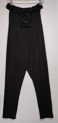 Women's Strapless Jumpsuit Romper Size M Black Ruffle Straight Leg Back Zip AC13