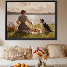 Oil Painting Border Collie Canvas Print Rustic Lakeside Dog Wall Decor Art