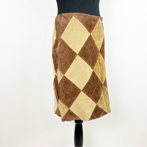 Vintage Hillard & Hanson Leather Pencil Skirt Patchwork Stitched Brown Tan 8 - Picture 5 of 13