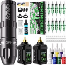 RHEIN Professional Wireless Tattoo Pen Machine Kit Dual Battery LCD 7 Colors Ink