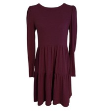 Gap Size S Puff Sleeve Tiered Mini Dress Deep Garnet Red Purple Ribbed 