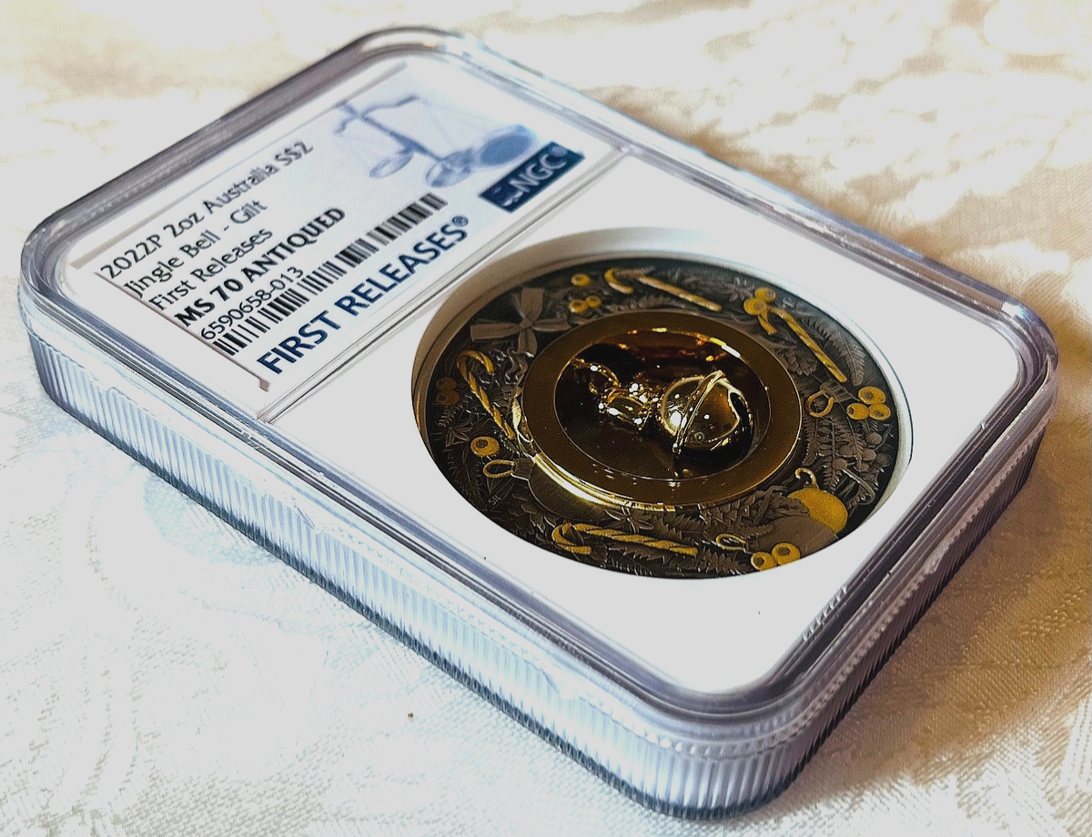 2022 P Australia $2 JINGLE BELL - GILT 2 Oz Silver NGC MS70