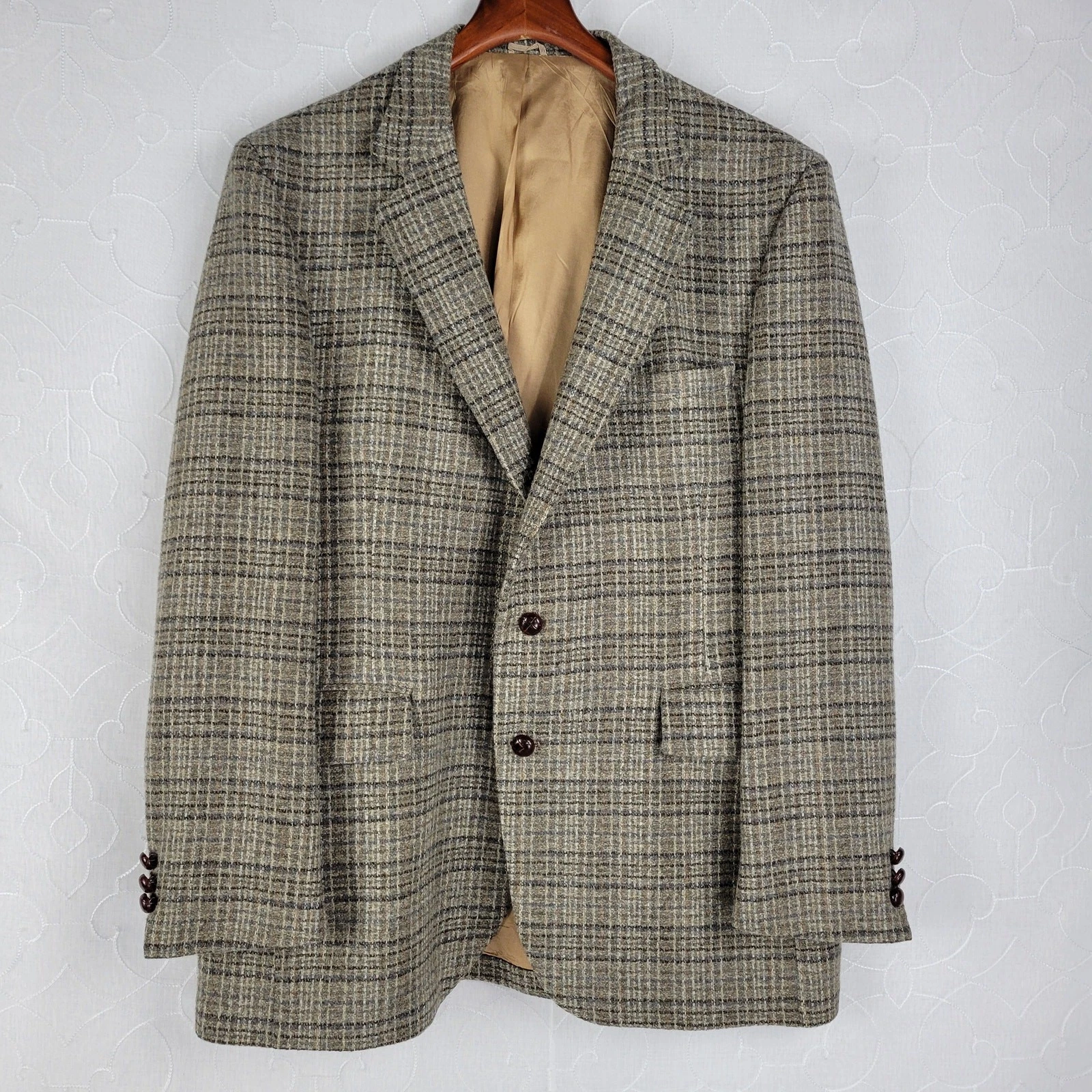 The Wool Collection Men's Blazer 44 Brown Plaid Wool Tweed 2 Button Sport Coat