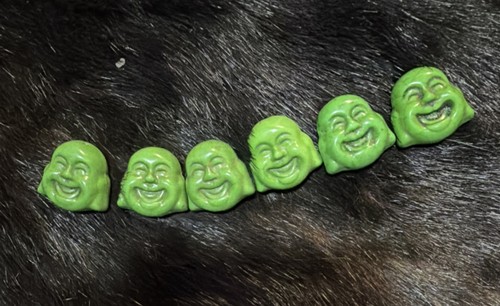 Set of 6 Green Glossy Face Beads for Jewelry Making. Chinese monk 