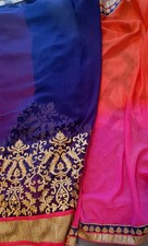 Half/Half Saree, Dark Blue Patli, And Shaded Orange Pink Pallu, Heavy Border