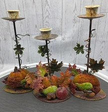 3 Fall-Themeed Metal Candle Sticks/Table Centerpieces 9.5", 8.5" & 7"