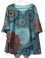 INDIGO SOUL Size XL Vibrant Blue Boho Tunic Top Tiered Embellished Hippie
