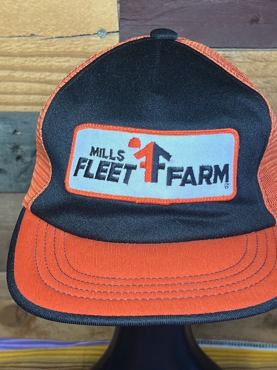 Vintage 80s 90s Mill's Fleet Farm Store themed Orange Trucker Snapback Hat View 2