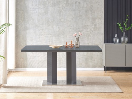 Dining Table Set Grey Glass and Grey High Gloss Rectangle 6 Faux Leather Chairs - Picture 44 of 47