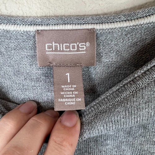 Chico's Womens Sweater Size 1 Gray Pullover Side Button Long Sleeve Knit Pockets - Picture 6 of 11