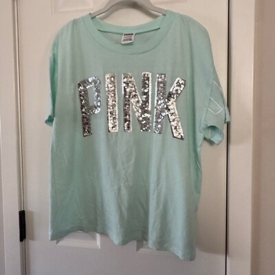 Victorias Secret PINK Mint Green Sequined Logo T Shirt Tee Size Small E1