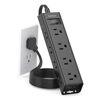 Extension Cord Flat Wall Plug - Surge Protector Power Strip with 12 5 ft Black-image