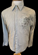 Roar Beige Brown Striped Embroidered Long Sleeve Button Front Shirt Sz Large