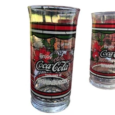 Lot of 7 Coca-Cola & Whataburger Christmas Stained Glass Beverage Glasses