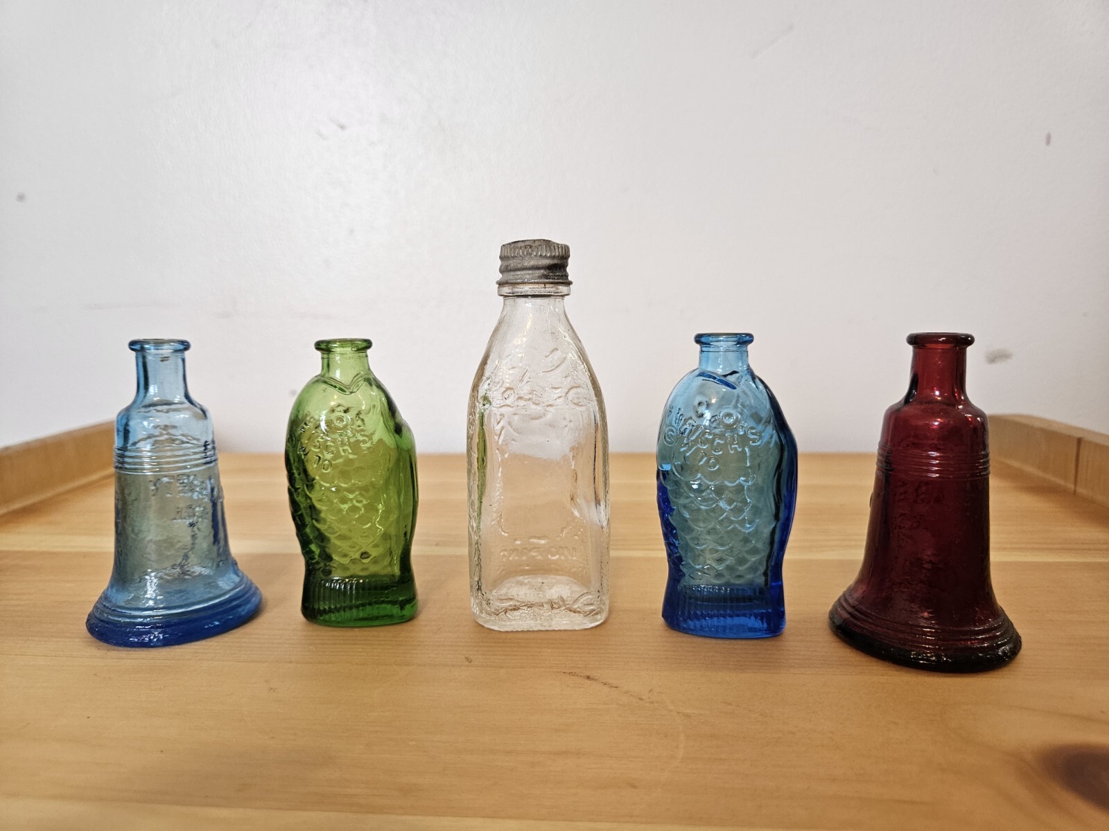 Wheaton Glass Miniature Bottles Liberty Bell Blue & Red Fish Green & Blue
