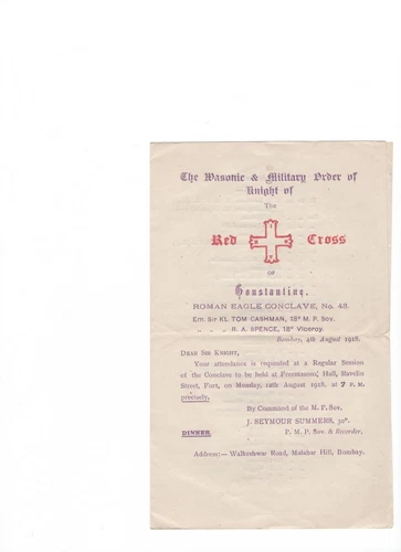 INDIA WW1 BOMBAY ROMAN CONCLAVE FREEMASONS 4 AUGUST 1918 MASONIC MILITARY ORDER